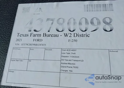 2021 Ford F-250 King Ranch z USA, uszkodzony, nr VIN 1FT7W2BT9MEC87475